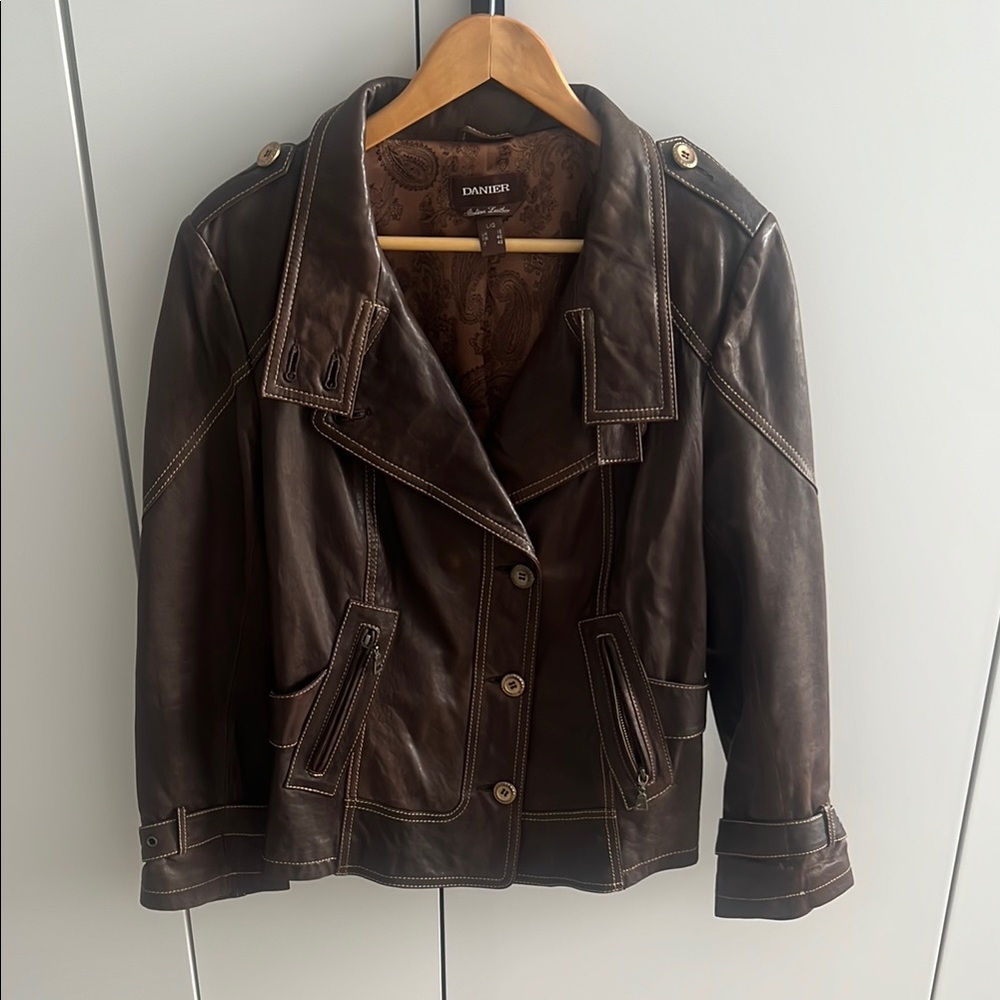 Danier Brown Leather Moto Jacket Asymmetrical Zipper
